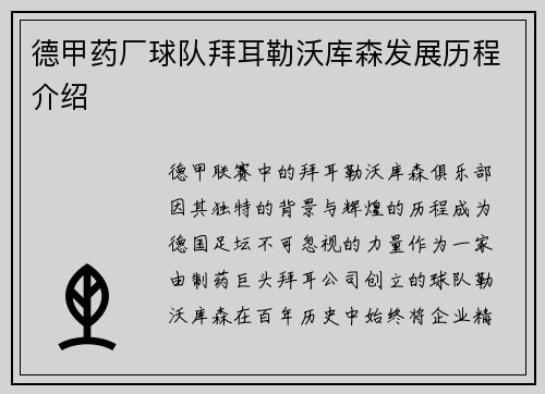德甲药厂球队拜耳勒沃库森发展历程介绍